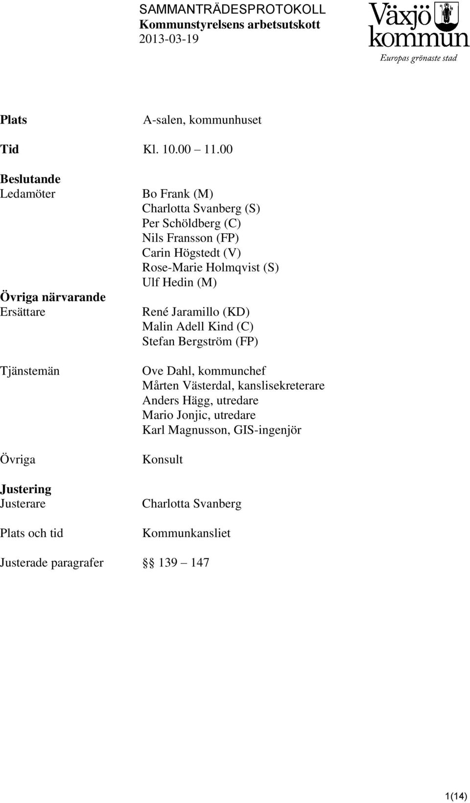 (S) Per Schöldberg (C) Nils Fransson (FP) Carin Högstedt (V) Rose-Marie Holmqvist (S) Ulf Hedin (M) René Jaramillo (KD) Malin Adell Kind