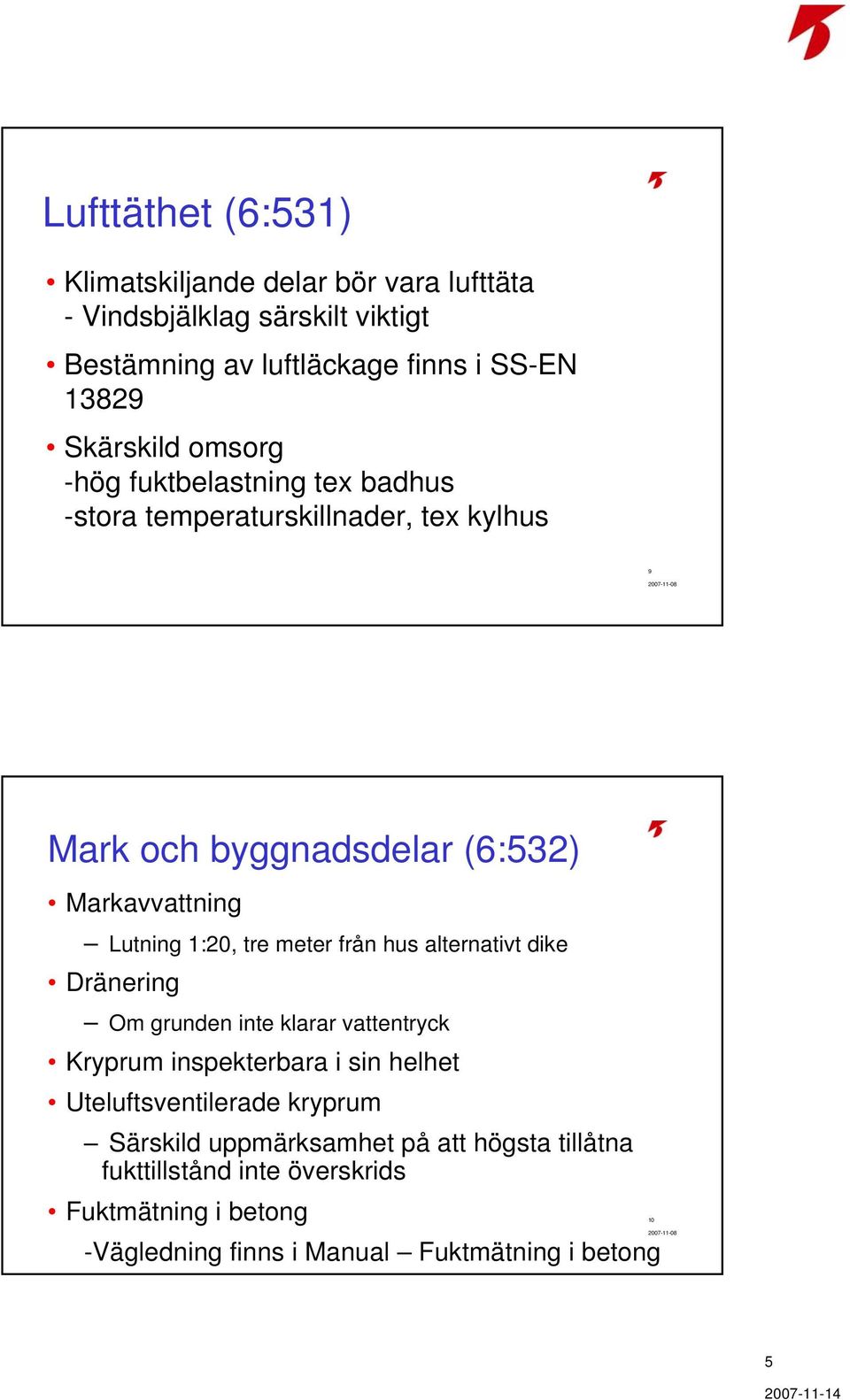 1:20, tre meter från hus alternativt dike Dränering Om grunden inte klarar vattentryck Kryprum inspekterbara i sin helhet Uteluftsventilerade