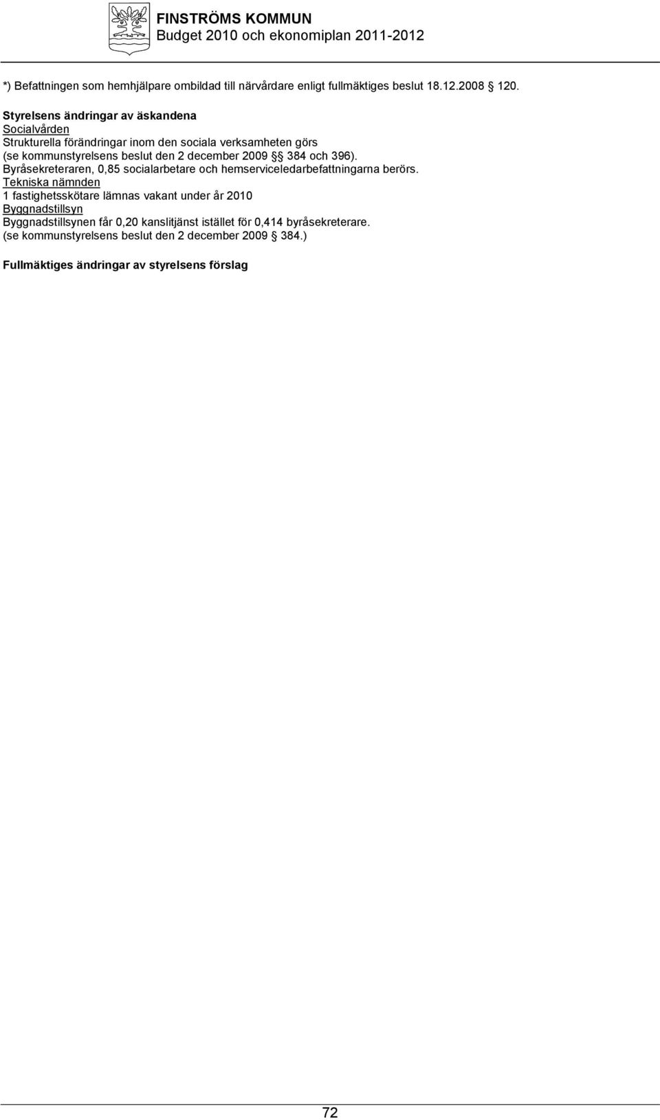 2009 384 och 396). Byråsekreteraren, 0,85 socialarbetare och hemserviceledarbefattningarna berörs.