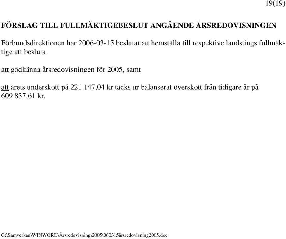 årsredovisningen för 2005, samt att årets underskott på 221 147,04 kr täcks ur balanserat