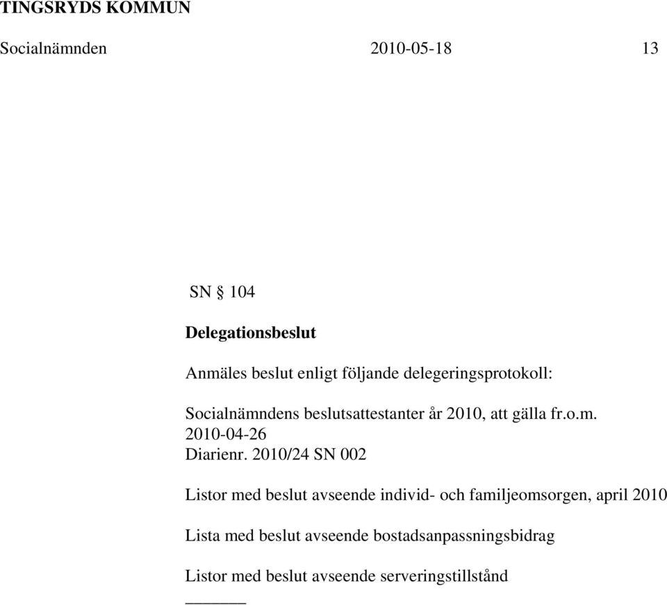 2010/24 SN 002 Listor med beslut avseende individ- och familjeomsorgen, april 2010 Lista