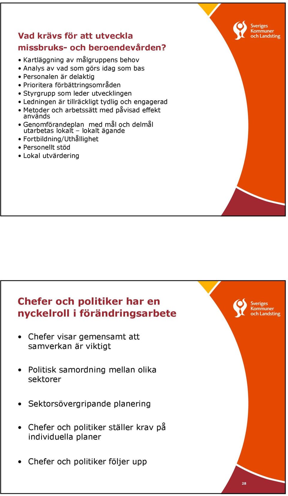 tillräckligt tydlig och engagerad Metoder och arbetssätt med påvisad effekt används Genomförandeplan med mål och delmål utarbetas lokalt lokalt ägande Fortbildning/Uthållighet