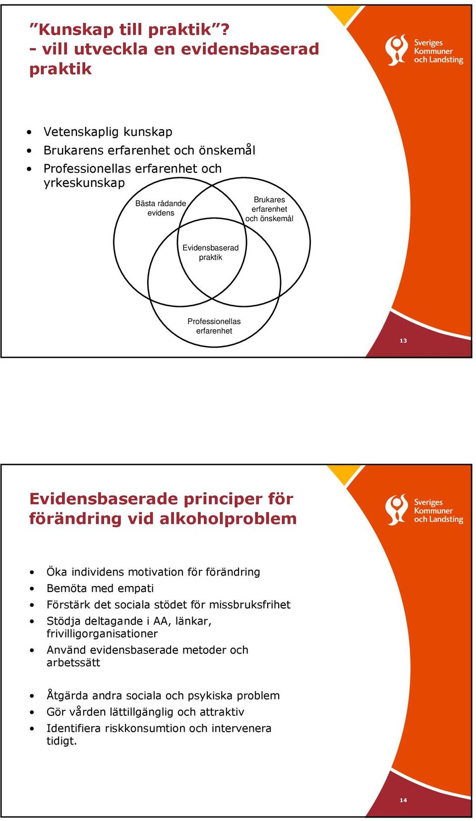 Brukares erfarenhet och önskemål Evidensbaserad praktik Professionellas erfarenhet 13 Evidensbaserade principer för förändring vid alkoholproblem Öka individens