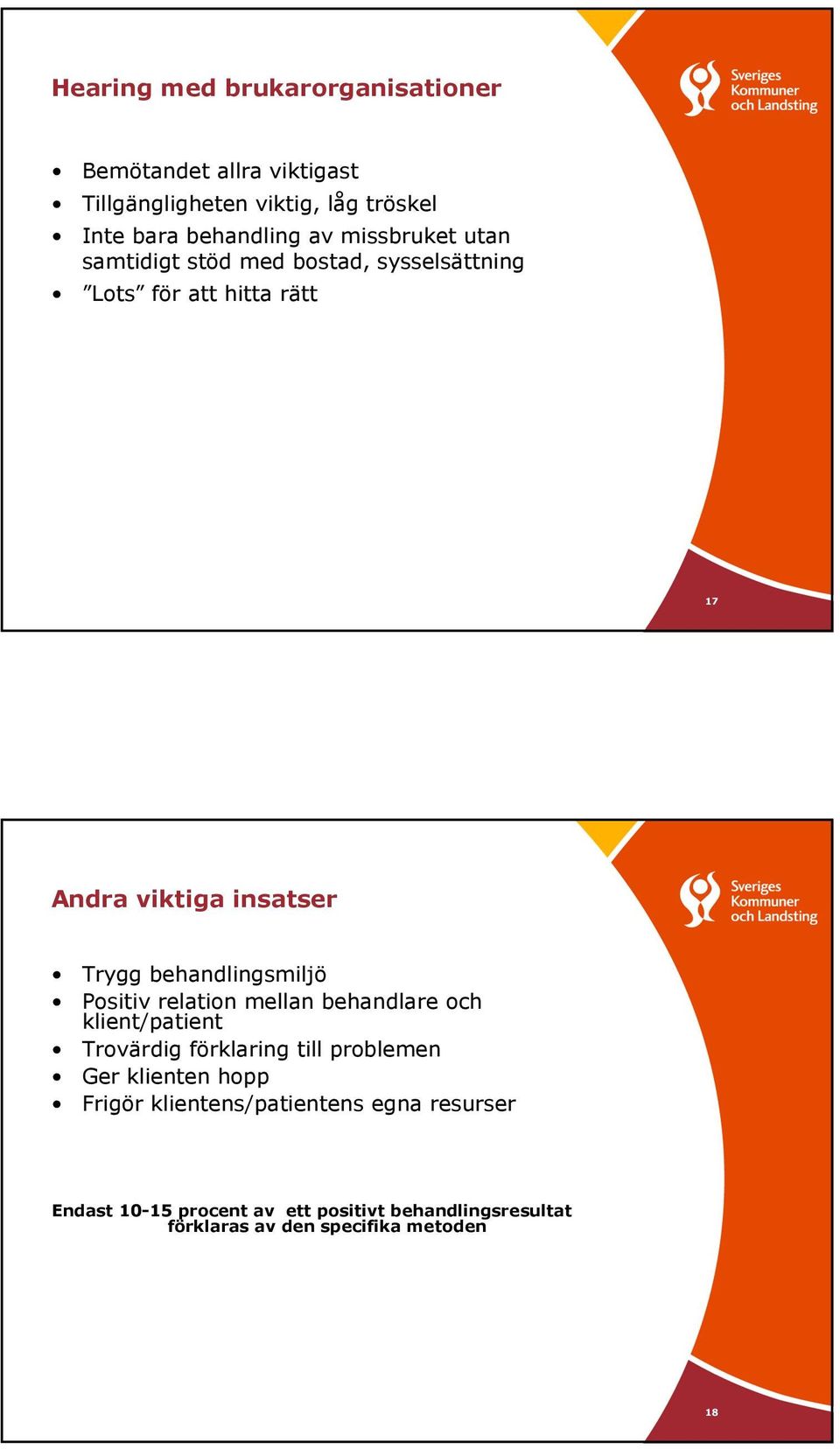 behandlingsmiljö Positiv relation mellan behandlare och klient/patient Trovärdig förklaring till problemen Ger klienten