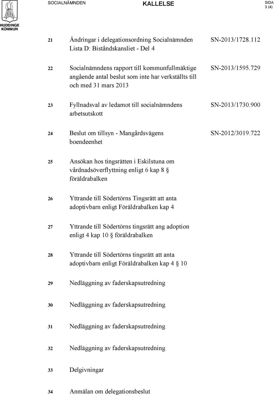 729 23 Fyllnadsval av ledamot till socialnämndens arbetsutskott SN-2013/1730.900 24 Beslut om tillsyn - Mangårdsvägens boendeenhet SN-2012/3019.
