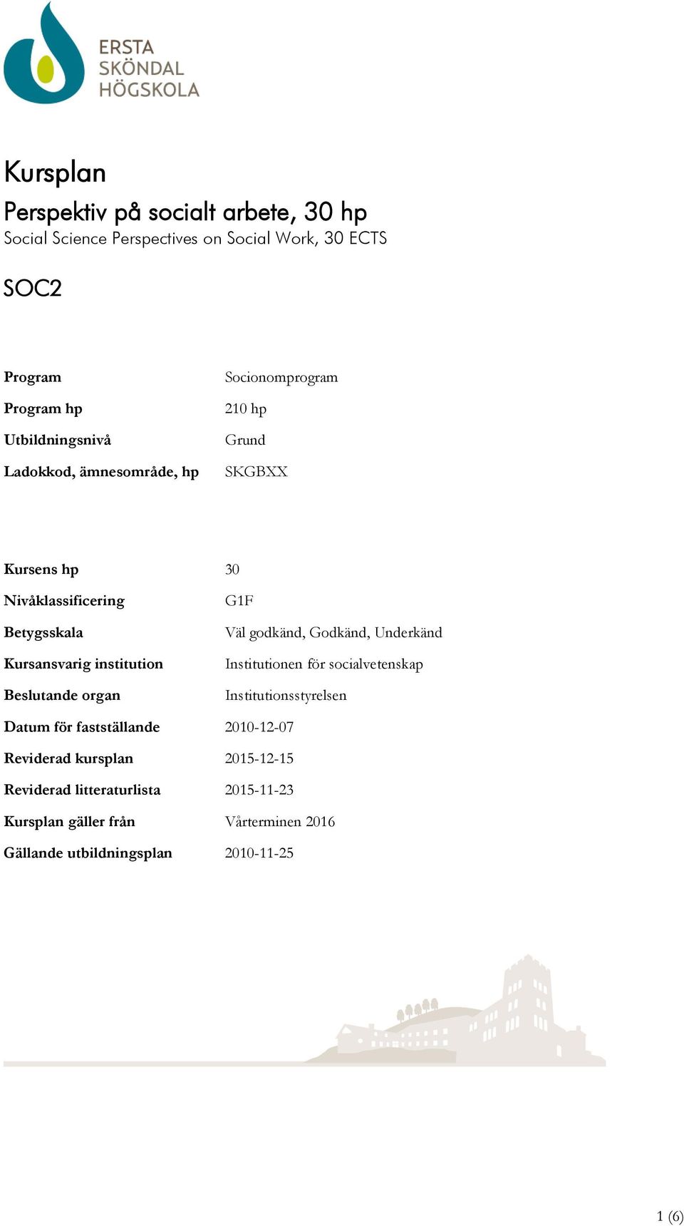 Godkänd, Underkänd Institutionen för socialvetenskap Institutionsstyrelsen Datum för fastställande 2010-12-07 Reviderad