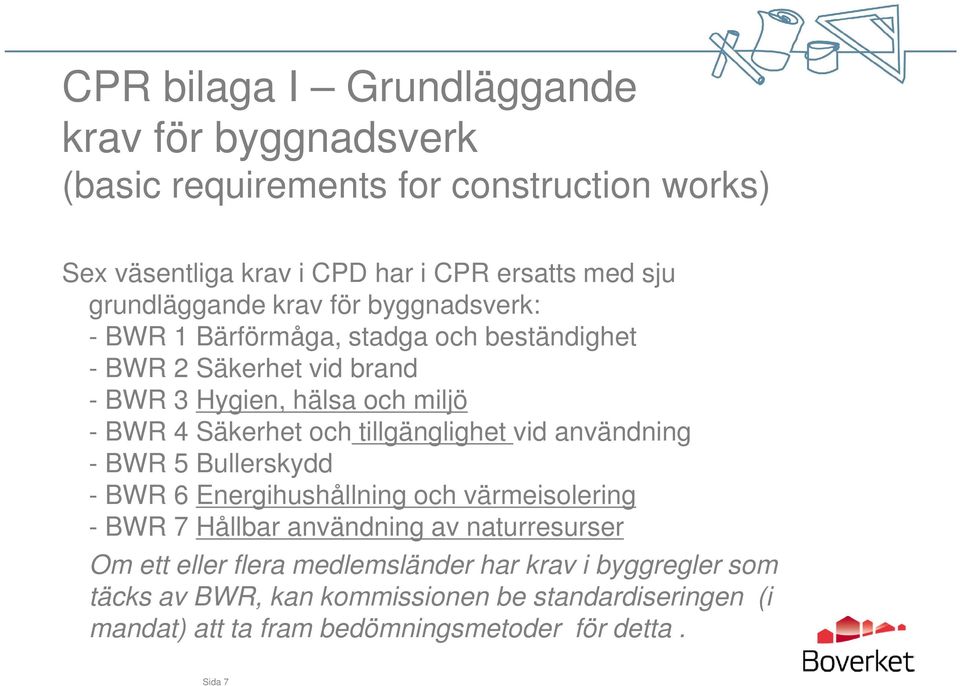 Säkerhet och tillgänglighet vid användning - BWR 5 Bullerskydd - BWR 6 Energihushållning och värmeisolering - BWR 7 Hållbar användning av naturresurser