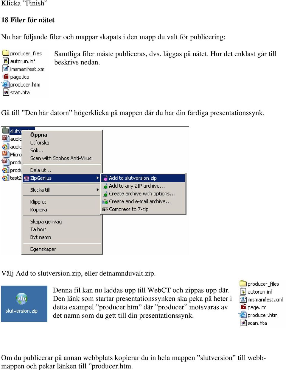 zip, eller detnamnduvalt.zip. Denna fil kan nu laddas upp till WebCT och zippas upp där. Den länk som startar presentationssynken ska peka på heter i detta exampel producer.