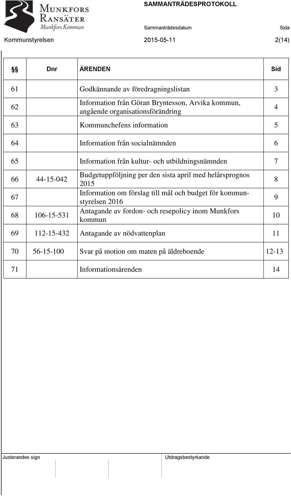 68 106-15-531 Budgetuppföljning per den sista april med helårsprognos 2015 Information om förslag till mål och budget för kommunstyrelsen 2016 Antagande av