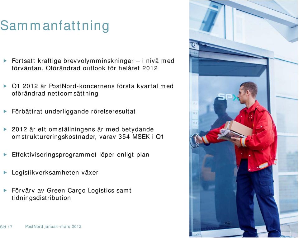 underliggande rörelseresultat 212 är ett omställningens år med betydande omstruktureringskostnader, varav 354 MSEK i Q1