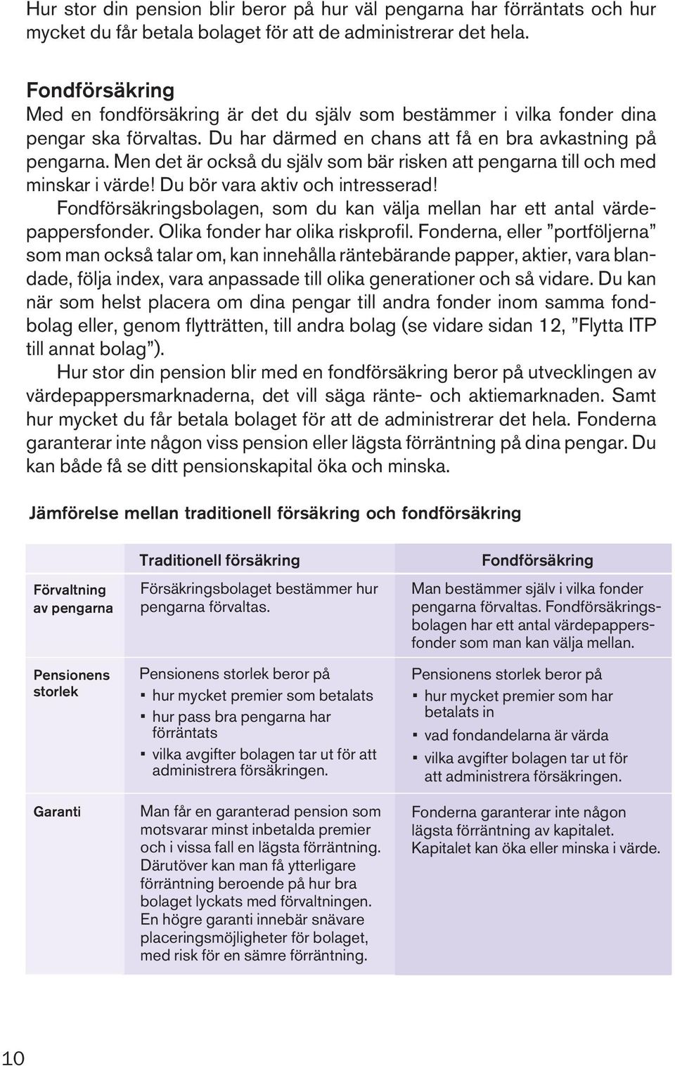 Men det är också du själv som bär risken att pengarna till och med minskar i värde! Du bör vara aktiv och intresserad! Fondförsäkringsbolagen, som du kan välja mellan har ett antal värdepappersfonder.