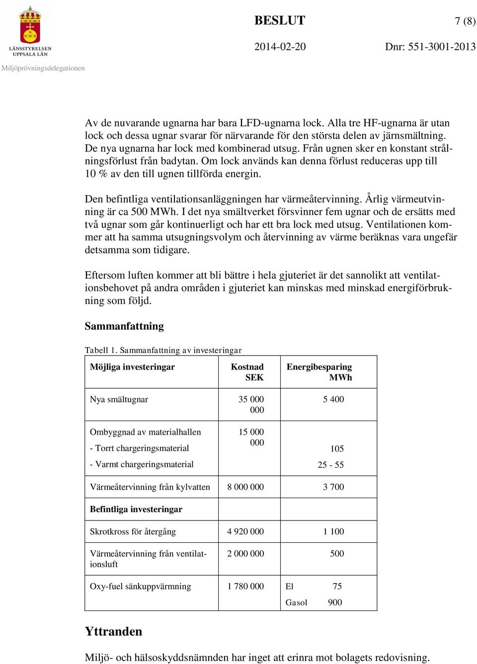 Den befintliga ventilationsanläggningen har värmeåtervinning. Årlig värmeutvinning är ca 500 MWh.