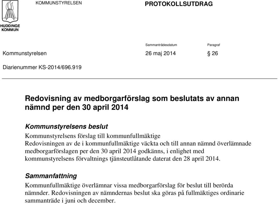 av de i kommunfullmäktige väckta och till annan nämnd överlämnade medborgarförslagen per den 30 april 2014 godkänns, i enlighet med kommunstyrelsens förvaltnings