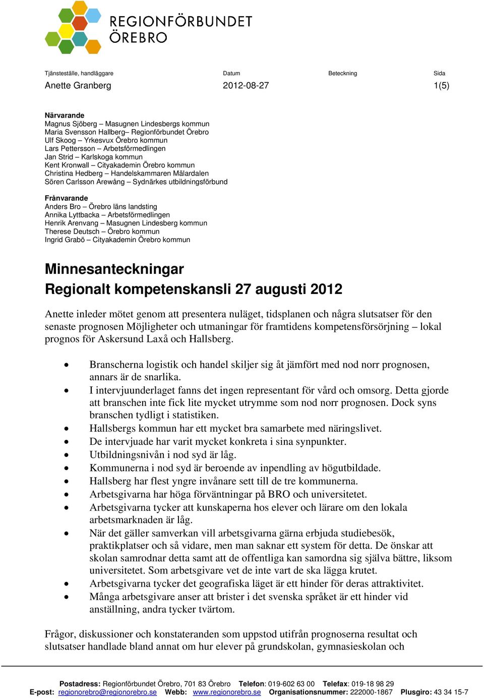 Anders Bro Örebro läns landsting Annika Lyttbacka Arbetsförmedlingen Henrik Arenvang Masugnen Lindesberg kommun Therese Deutsch Örebro kommun Ingrid Grabö Cityakademin Örebro kommun