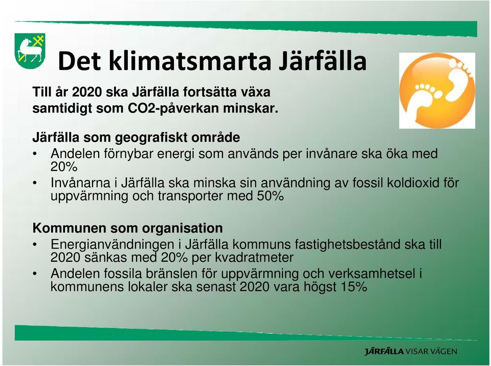 användning av fossil koldioxid för uppvärmning och transporter med 50% Kommunen som organisation Energianvändningen i Järfälla kommuns