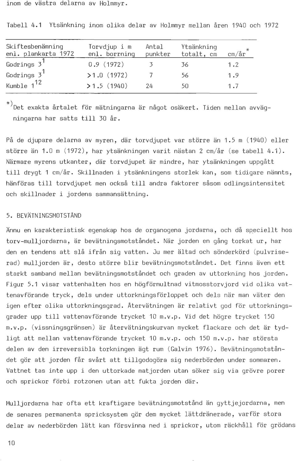 7 *)Det exakta årtalet för mätningarna är något osäkert. Tiden mellan avvägningarna har satts till 30 år. På de djupare delarna av myren, där torvdjupet var större än 1.5 m (1940) eller större än 1.