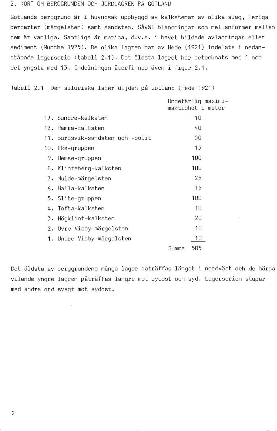 De olika lagren har av Hede (1921) indelats i nedanstående lagerserie (tabell 2.1). Det äldsta lagret har betecknats med 1 och det yngsta med 13. Indelningen återfinnes även i figur 2.1. Tabell 2.