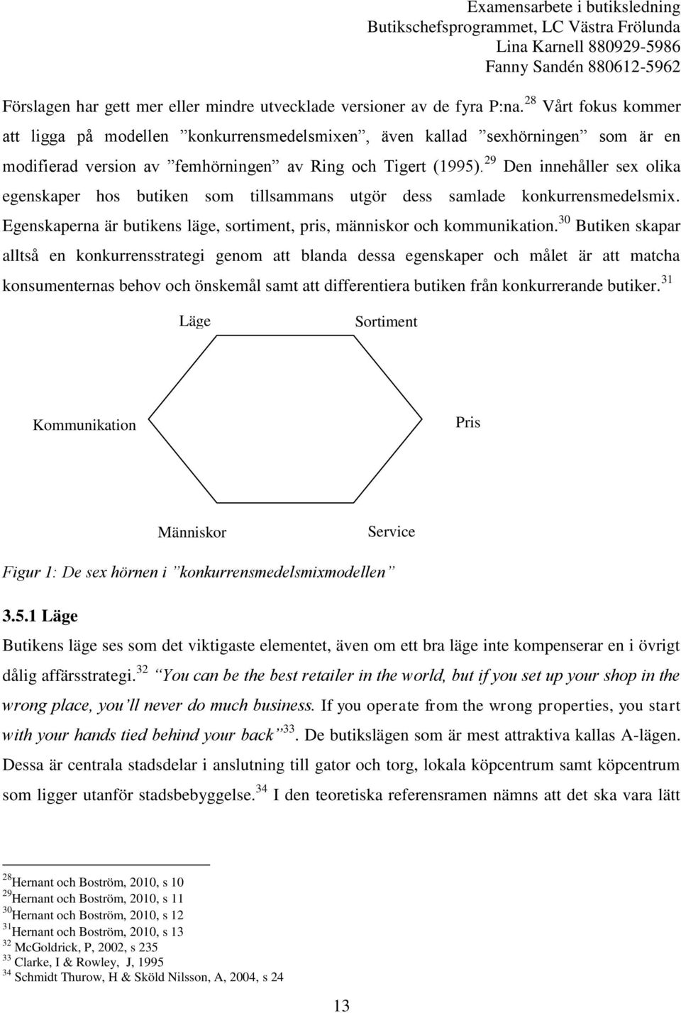 29 Den innehåller sex olika egenskaper hos butiken som tillsammans utgör dess samlade konkurrensmedelsmix. Egenskaperna är butikens läge, sortiment, pris, människor och kommunikation.