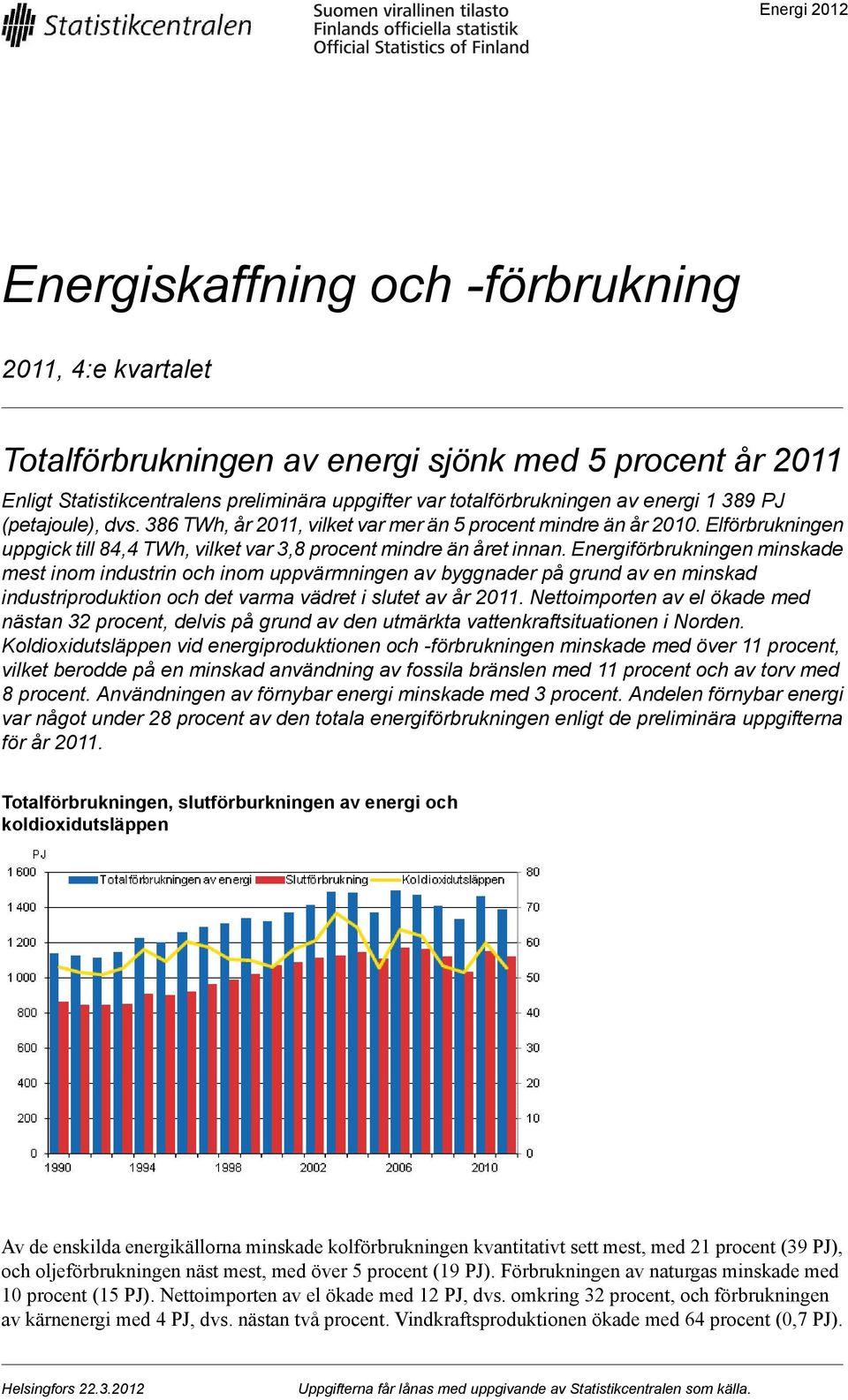 Energiförbrukningen minskade mest inom industrin och inom uppvärmningen av byggnader på grund av en minskad industriproduktion och det varma vädret i slutet av år 2011.