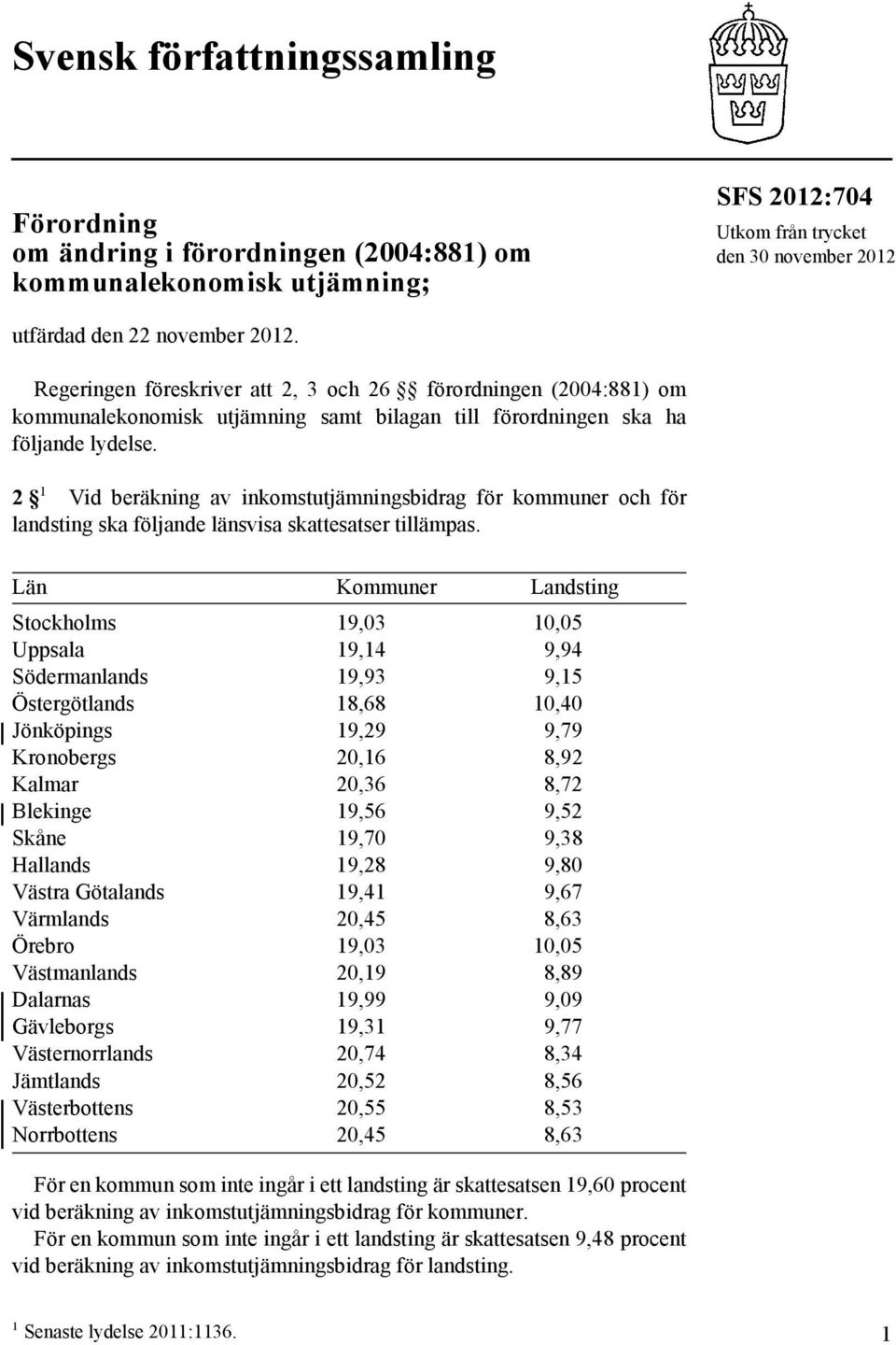 2 1 Vid beräkning av inkomstutjämningsbidrag för kommuner och för landsting ska följande länsvisa skattesatser tillämpas.