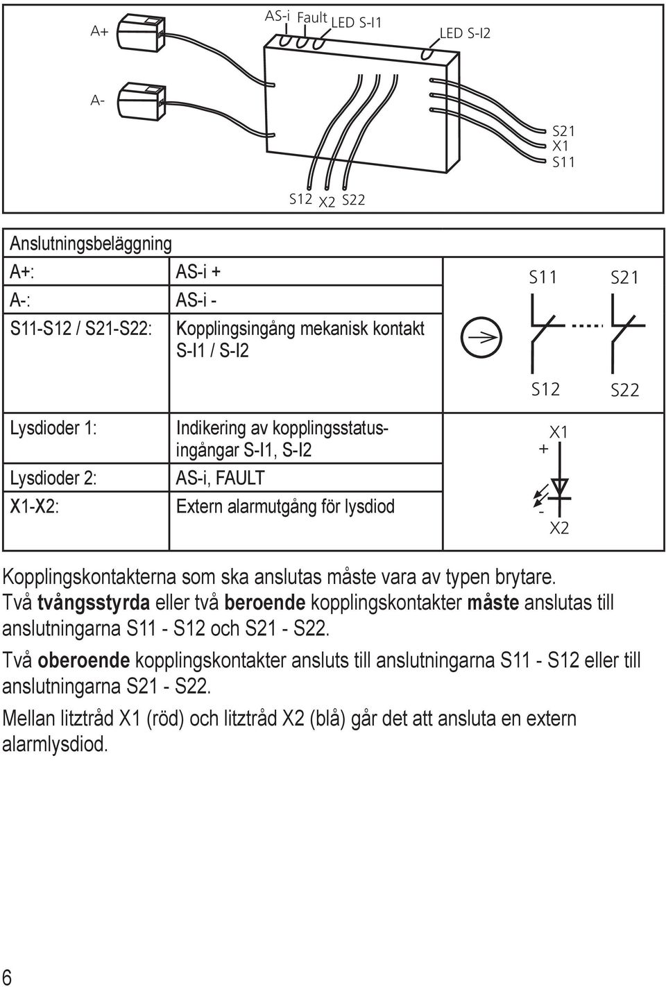 anslutas måste vara av typen brytare. Två tvångsstyrda eller två beroende kopplingskontakter måste anslutas till anslutningarna S11 - S12 och S21 - S22.