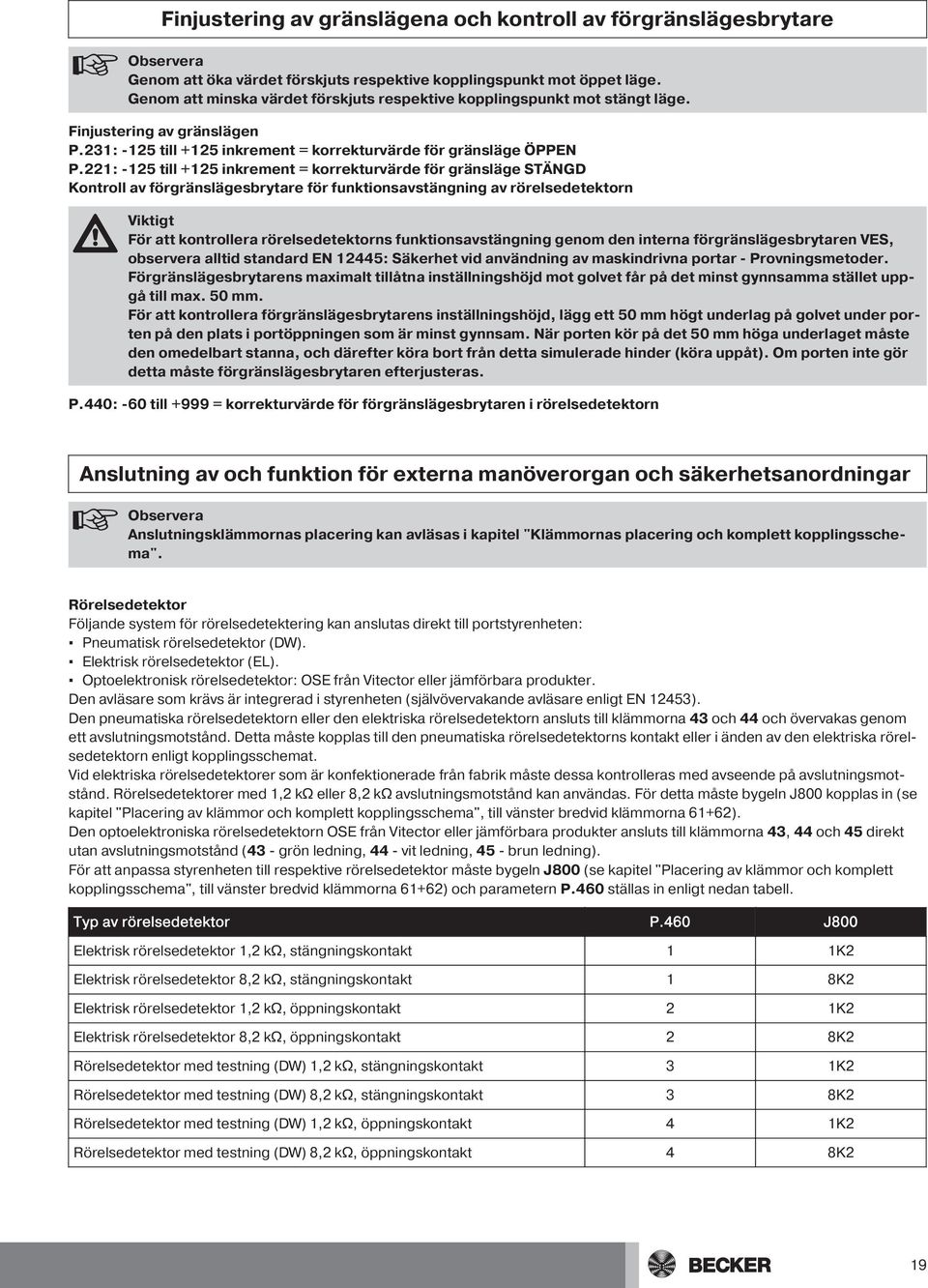 221: -125 till +125 inkrement = korrekturvärde för gränsläge STÄNGD Kontroll av förgränslägesbrytare för funktionsavstängning av rörelsedetektorn Viktigt För att kontrollera rörelsedetektorns
