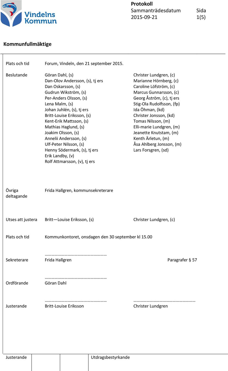 Per-Anders Olsson, (s) Georg Åström, (c), tj ers Lena Malm, (s) Stig-Ola Rudolfsson, (fp) Johan Juhlén, (s), tj ers Ida Öhman, (kd) Britt-Louise Eriksson, (s) Christer Jonsson, (kd) Kent-Erik