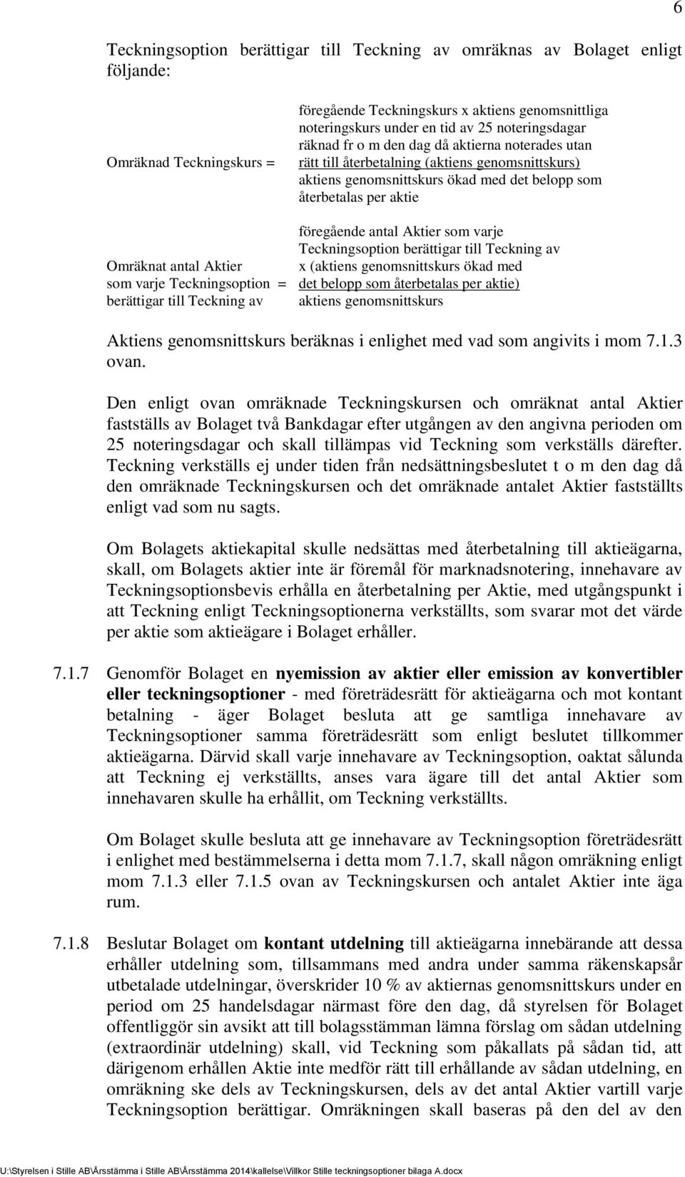 antal Aktier som varje Teckningsoption berättigar till Teckning av Omräknat antal Aktier x (aktiens genomsnittskurs ökad med som varje Teckningsoption = det belopp som återbetalas per aktie)