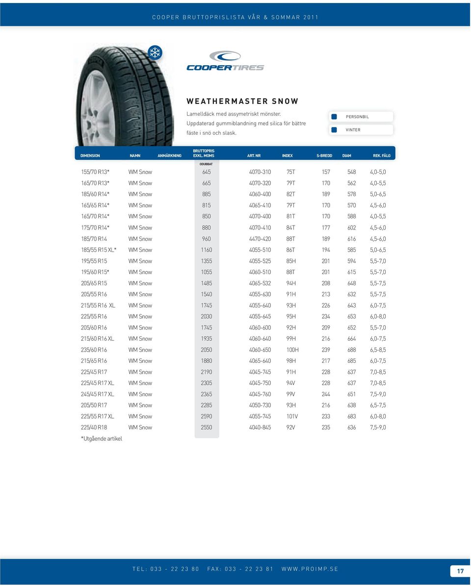 4065-410 79T 170 570 4,5-6,0 165/70 R14* WM Snow 850 4070-400 81T 170 588 4,0-5,5 175/70 R14* WM Snow 880 4070-410 84T 177 602 4,5-6,0 185/70 R14 WM Snow 960 4470-420 88T 189 616 4,5-6,0 185/55 R15