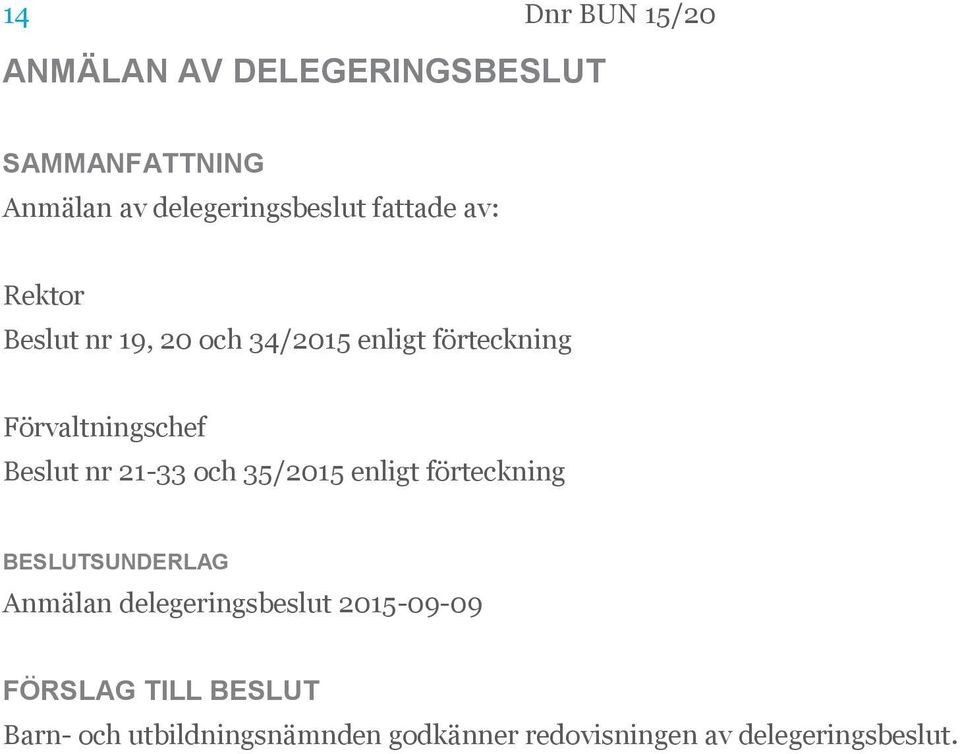 Förvaltningschef Beslut nr 21-33 och 35/2015 enligt förteckning Anmälan