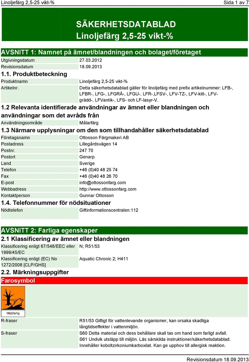 LF-lasyr-V. 1.2 Relevanta identifierade användningar av ämnet eller blandningen och användningar som det avråds från Användningsområde Målarfärg 1.
