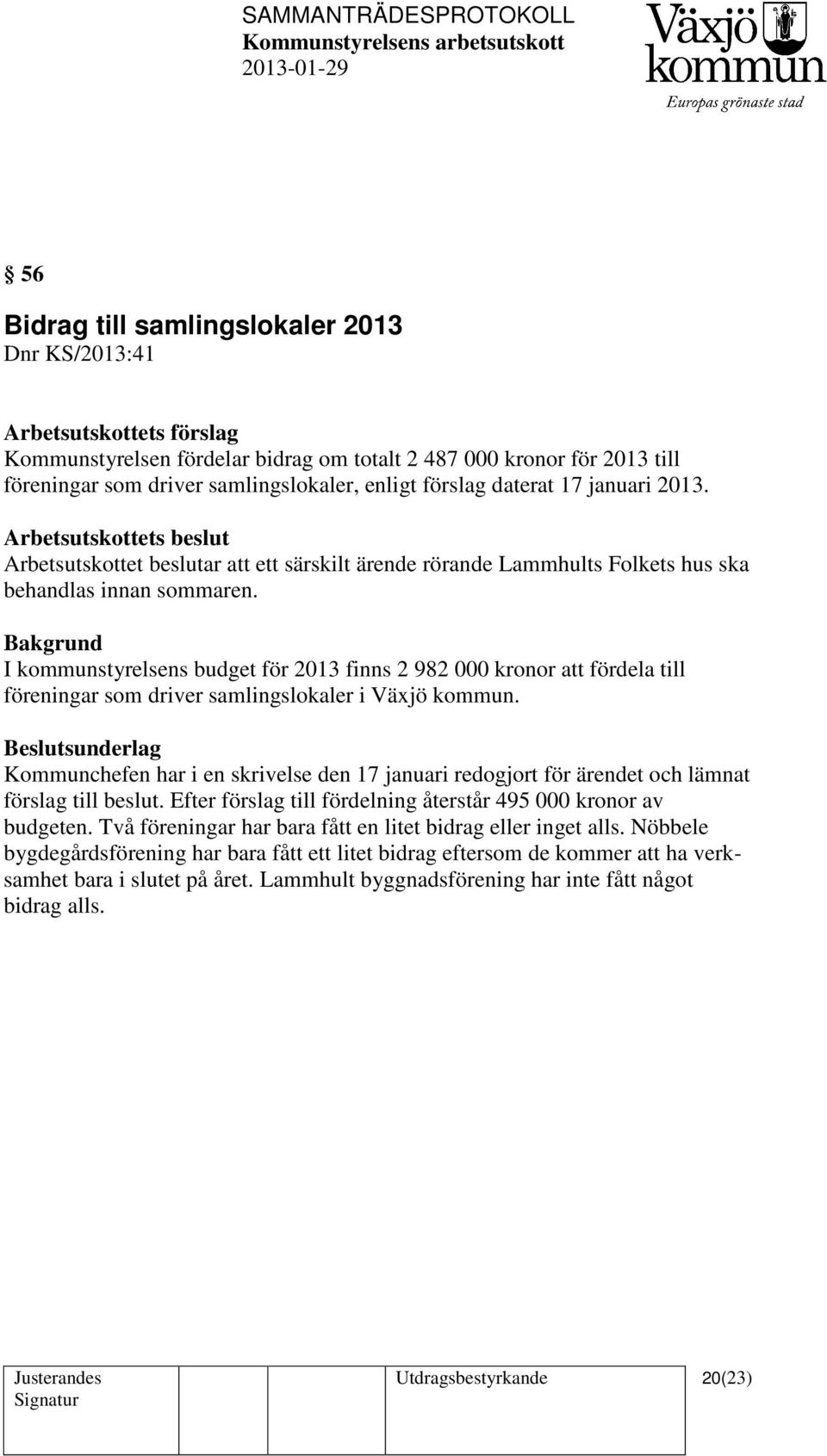 I kommunstyrelsens budget för 2013 finns 2 982 000 kronor att fördela till föreningar som driver samlingslokaler i Växjö kommun.