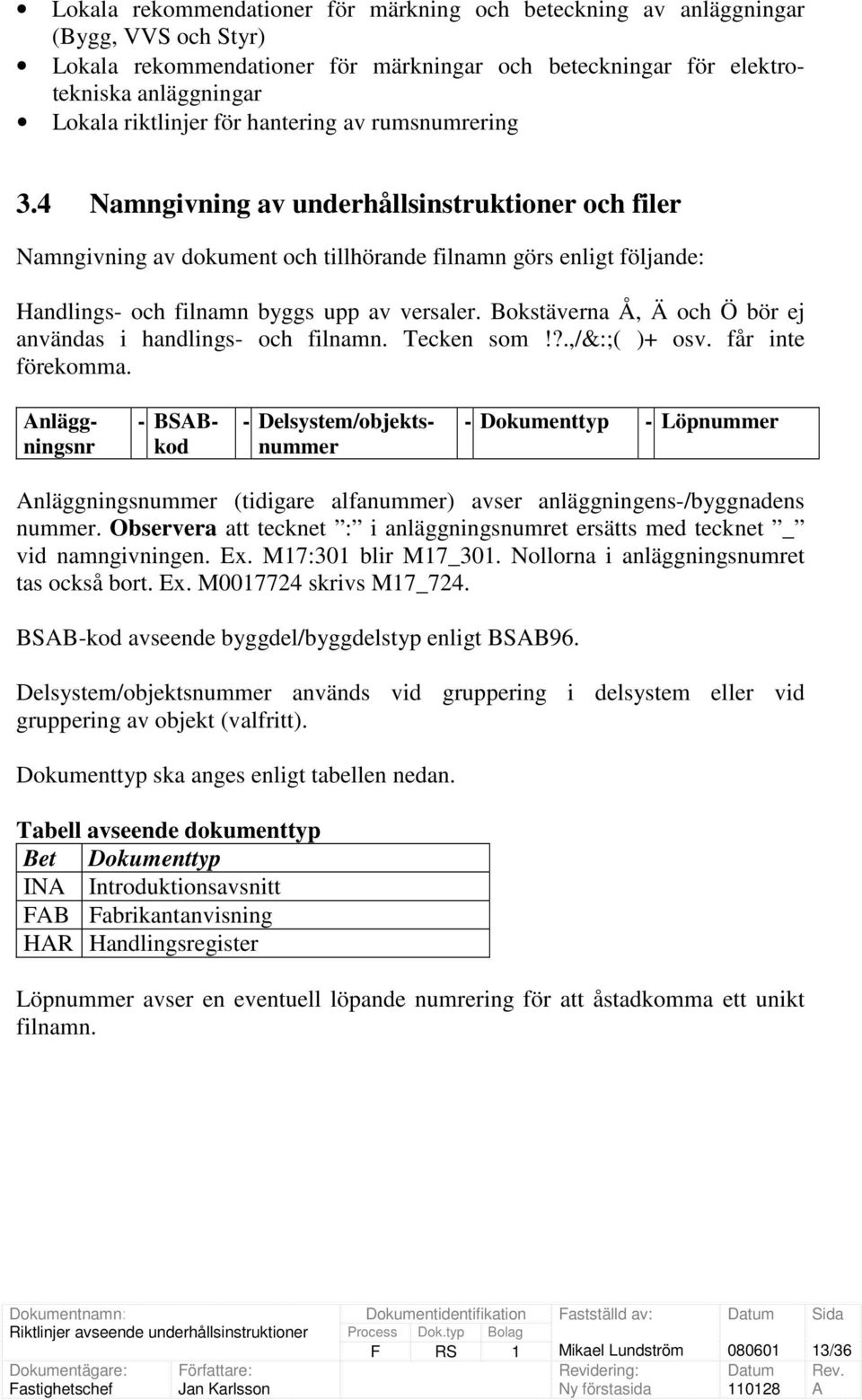 Bokstäverna Å, Ä och Ö bör ej användas i handlings- och filnamn. Tecken som!?.,/&:;( )+ osv. får inte förekomma.