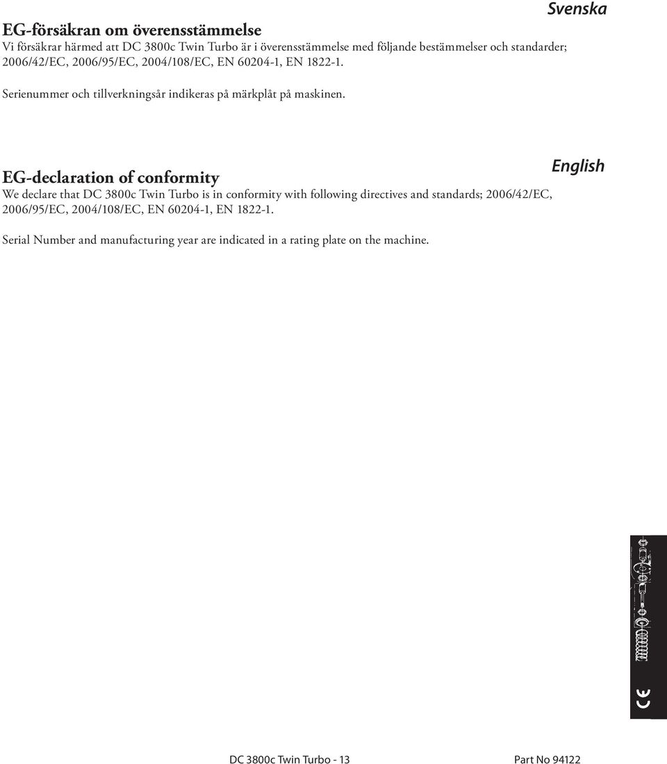 English EG-declaration of conformity We declare that DC 3800c Twin Turbo is in conformity with following directives and standards; 2006/42/EC,