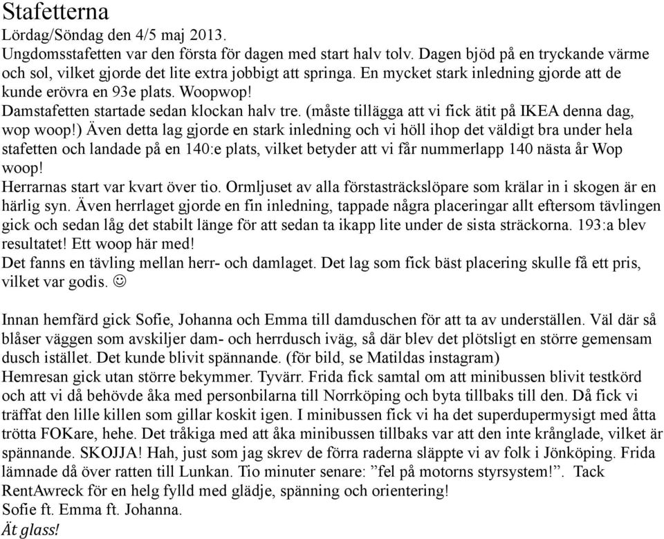 ) Även detta lag gjorde en stark inledning och vi höll ihop det väldigt bra under hela stafetten och landade på en 140:e plats, vilket betyder att vi får nummerlapp 140 nästa år Wop woop!