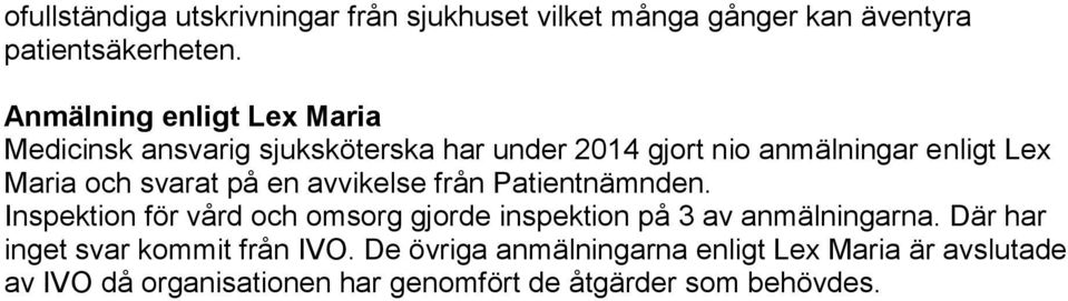 svarat på en avvikelse från Patientnämnden. Inspektion för vård och omsorg gjorde inspektion på 3 av anmälningarna.