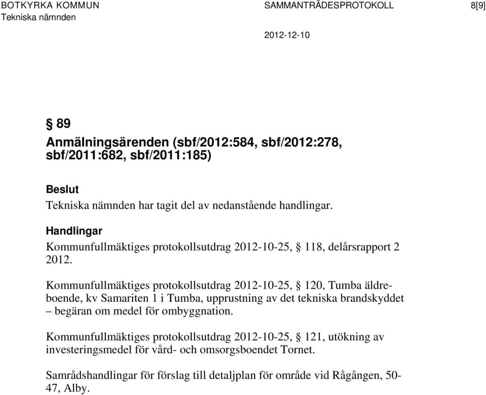 Kommunfullmäktiges protokollsutdrag 2012-10-25, 120, Tumba äldreboende, kv Samariten 1 i Tumba, upprustning av det tekniska brandskyddet begäran om medel