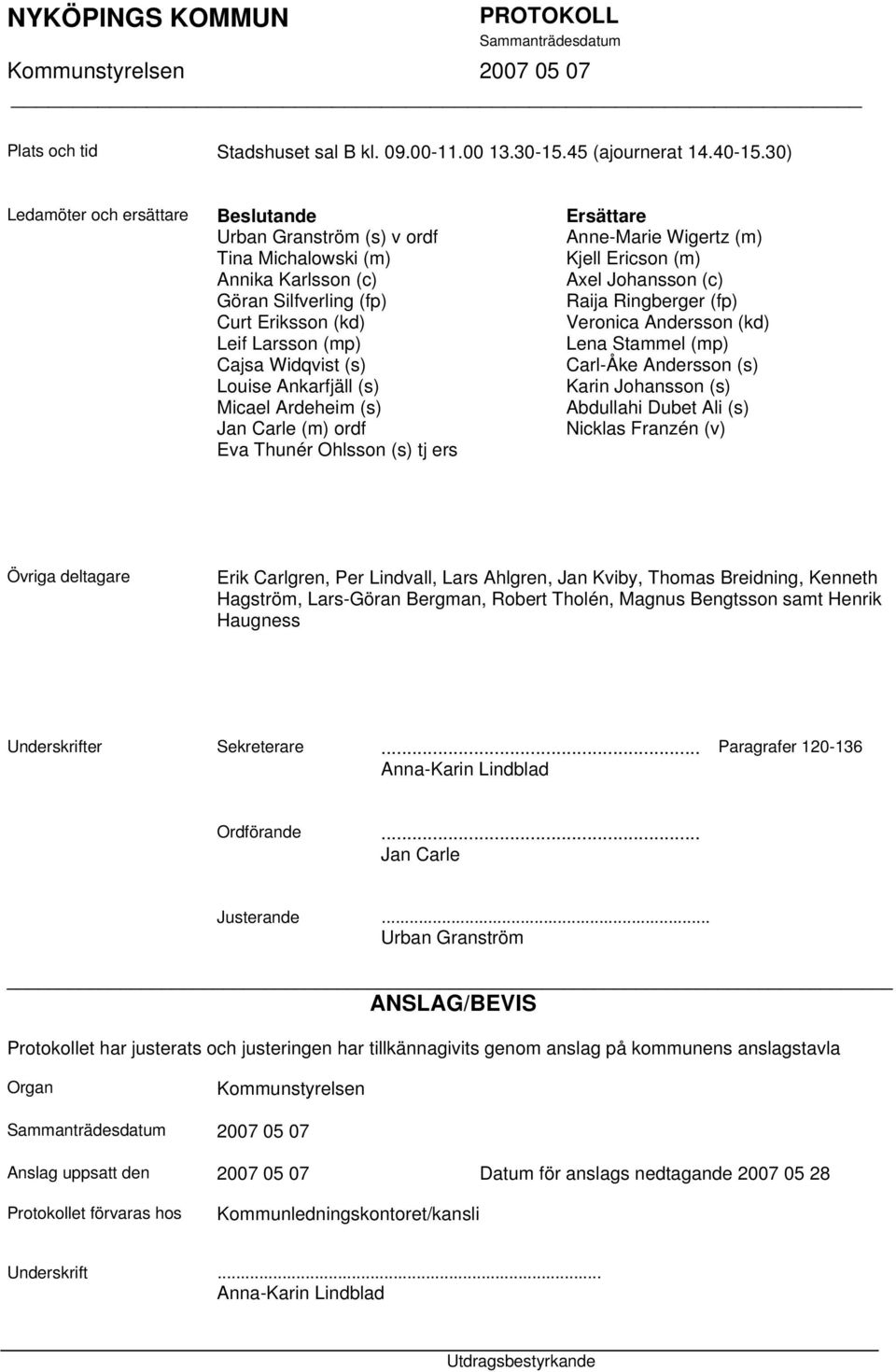 Ankarfjäll (s) Micael Ardeheim (s) Jan Carle (m) ordf Eva Thunér Ohlsson (s) tj ers Ersättare Anne-Marie Wigertz (m) Kjell Ericson (m) Axel Johansson (c) Raija Ringberger (fp) Veronica Andersson (kd)