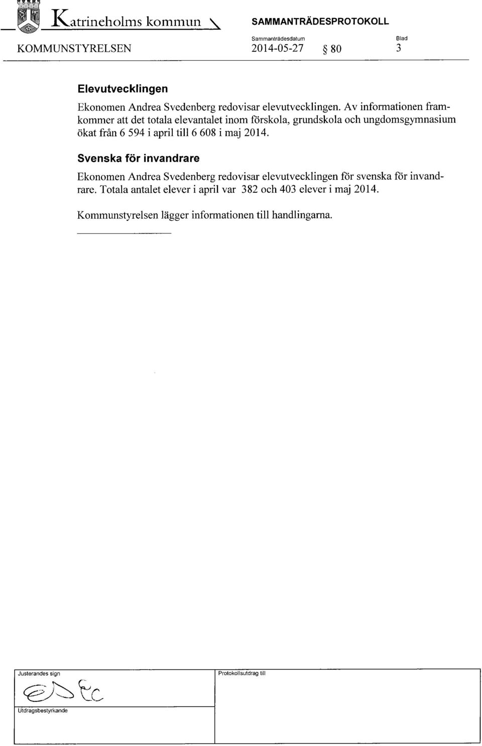 Av informationen framkommer att det totala elevantalet inom förskola, grundskola och ungdomsgymnasium ökat från 6 594 i april ti116 608 i maj