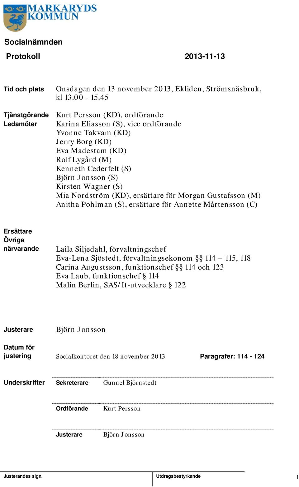 Mia Nordström (KD), ersättare för Morgan Gustafsson (M) Anitha Pohlman (S), ersättare för Annette Mårtensson (C) Ersättare Övriga närvarande Laila Siljedahl, förvaltningschef Eva-Lena Sjöstedt,