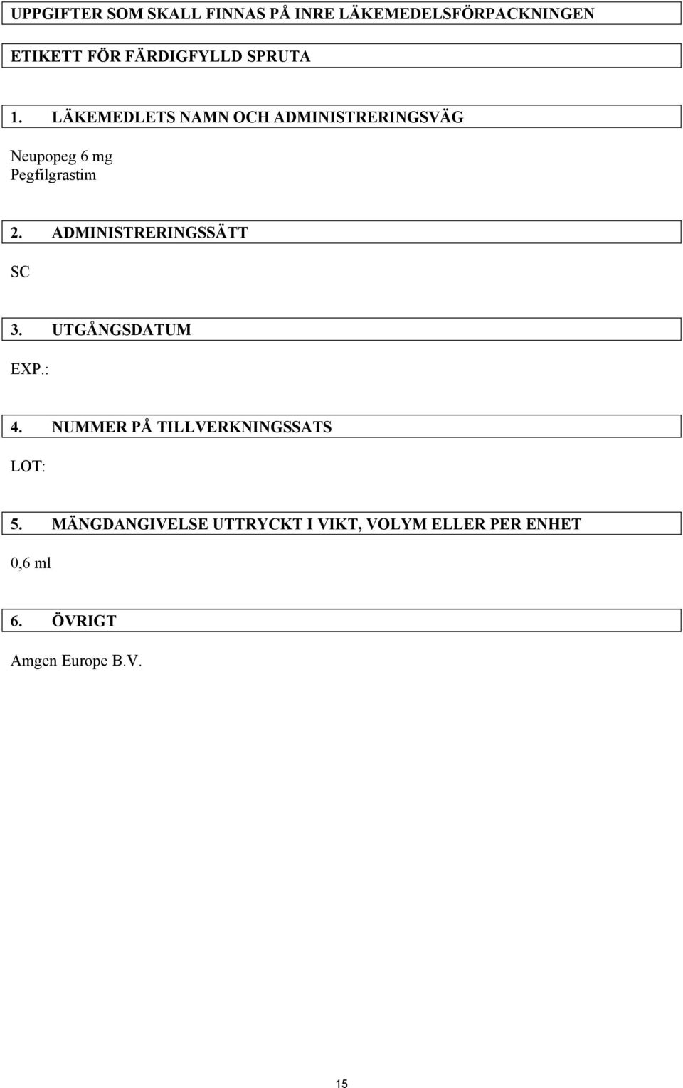 ADMINISTRERINGSSÄTT SC 3. UTGÅNGSDATUM EXP.: 4. NUMMER PÅ TILLVERKNINGSSATS LOT: 5.