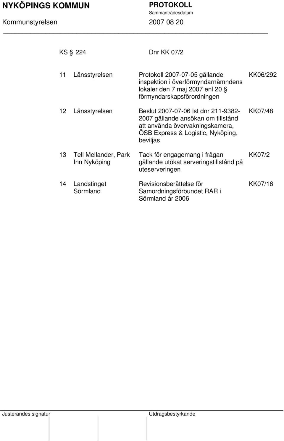 övervakningskamera, ÖSB Express & Logistic, Nyköping, beviljas KK06/292 KK07/48 13 Tell Mellander, Park Inn Nyköping 14 Landstinget Sörmland