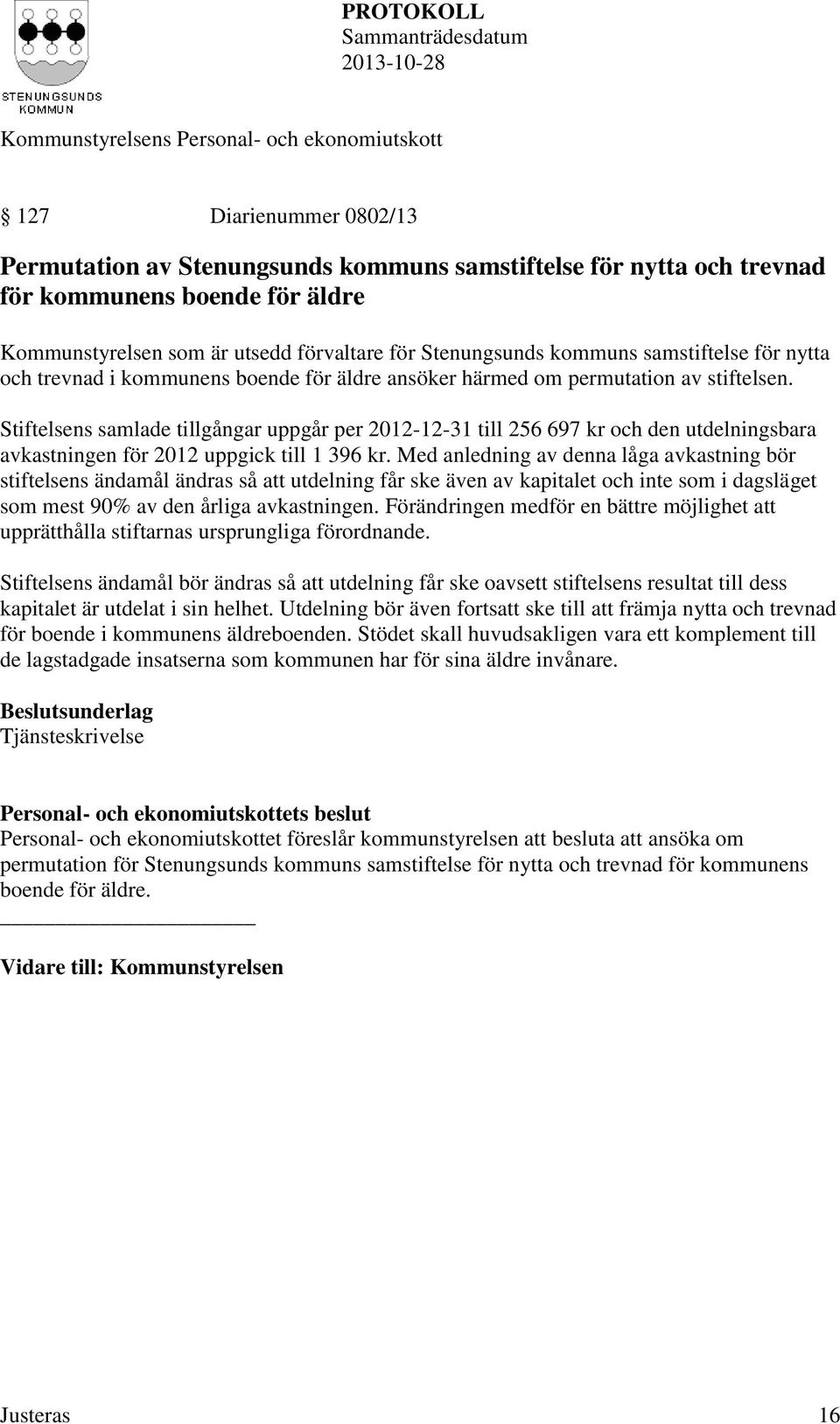 Stiftelsens samlade tillgångar uppgår per 2012-12-31 till 256 697 kr och den utdelningsbara avkastningen för 2012 uppgick till 1 396 kr.