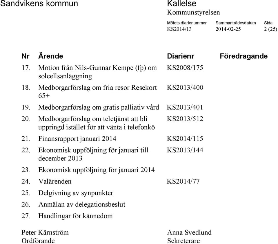 Medborgarförslag om teletjänst att bli KS2013/512 uppringd istället för att vänta i telefonkö 21. Finansrapport januari 2014 KS2014/115 22.