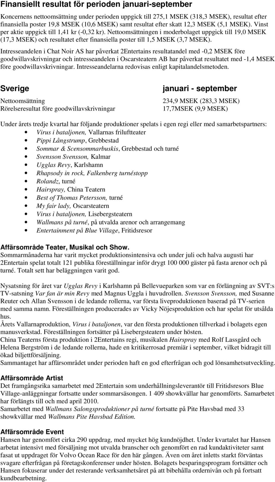 Nettoomsättningen i moderbolaget uppgick till 19,0 MSEK (17,3 MSEK) och resultatet efter finansiella poster till 1,5 MSEK (3,7 MSEK).