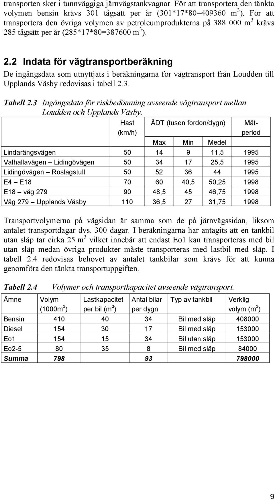 5 tågsätt per år (285*17*80=387600 m 3 ). 2.2 Indata för vägtransportberäkning De ingångsdata som utnyttjats i beräkningarna för vägtransport från Loudden till Upplands Väsby redovisas i tabell 2.3. Tabell 2.