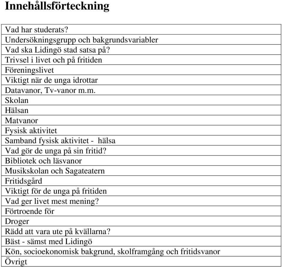 m. Skolan Hälsan Matvanor Fysisk aktivitet Samband fysisk aktivitet - hälsa Vad gör de unga på sin fritid?