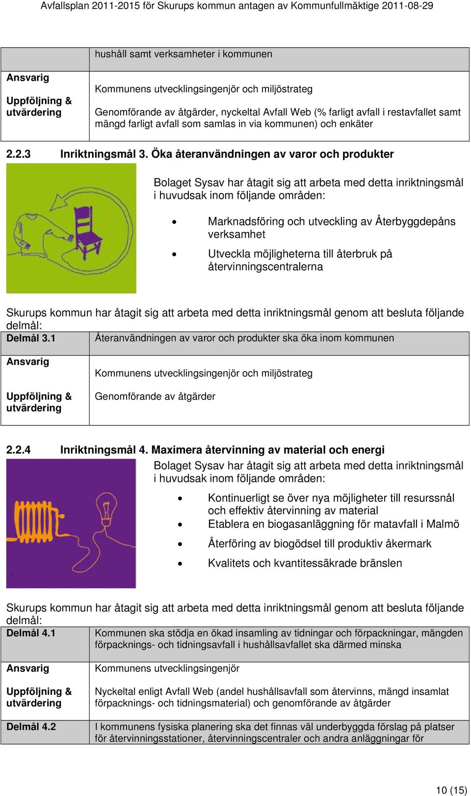 Öka återanvändningen av varor och produkter Bolaget Sysav har åtagit sig att arbeta med detta inriktningsmål i huvudsak inom följande områden: Marknadsföring och utveckling av Återbyggdepåns