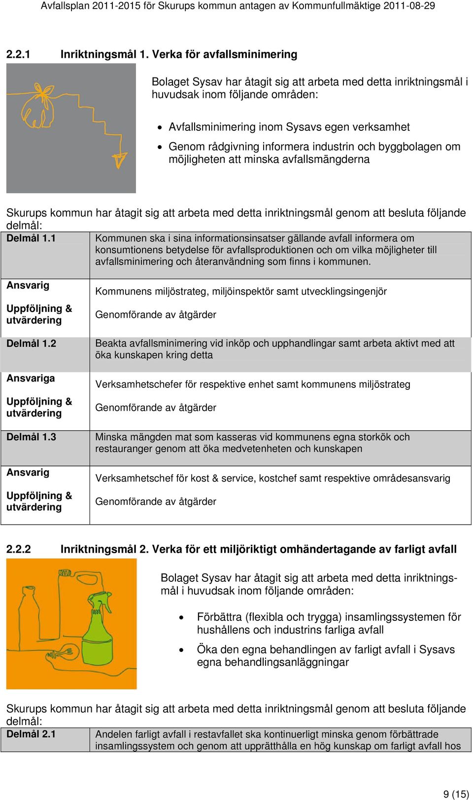 industrin och byggbolagen om möjligheten att minska avfallsmängderna Skurups kommun har åtagit sig att arbeta med detta inriktningsmål genom att besluta följande delmål: Delmål 1.