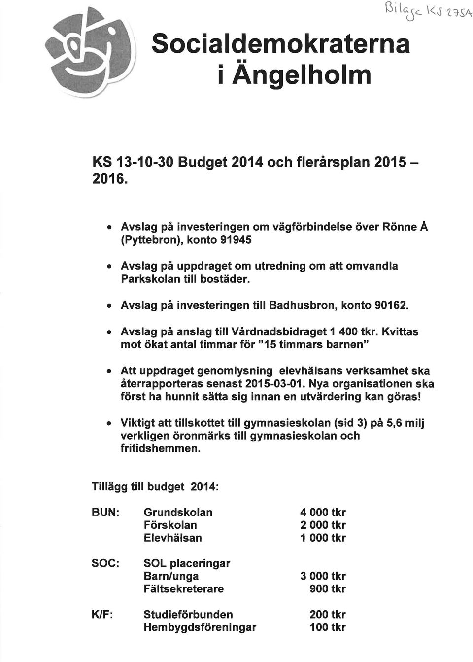 Avslag på investeringen till Badhusbron, konto 90162. Avslag på anslag till Vårdnadsbidraget 1 400 tkr.